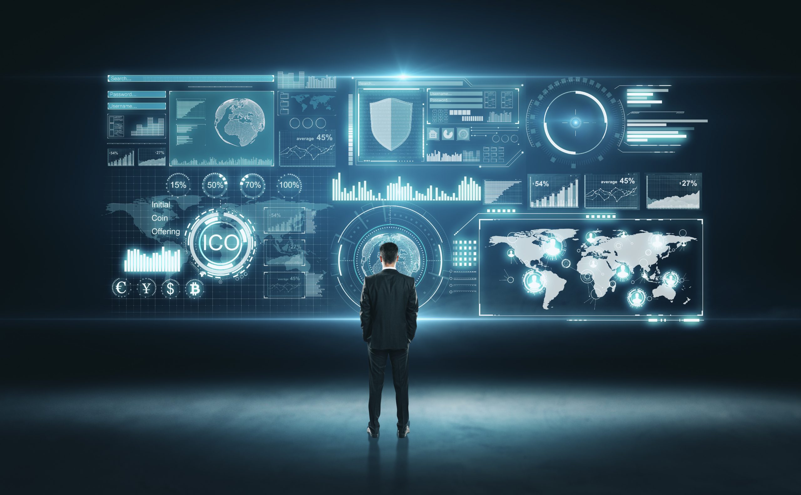 Innovation and analytics concept Back view of young businessman looking at glowing digital business interface. Innovation and analytics concept. 3D Rendering