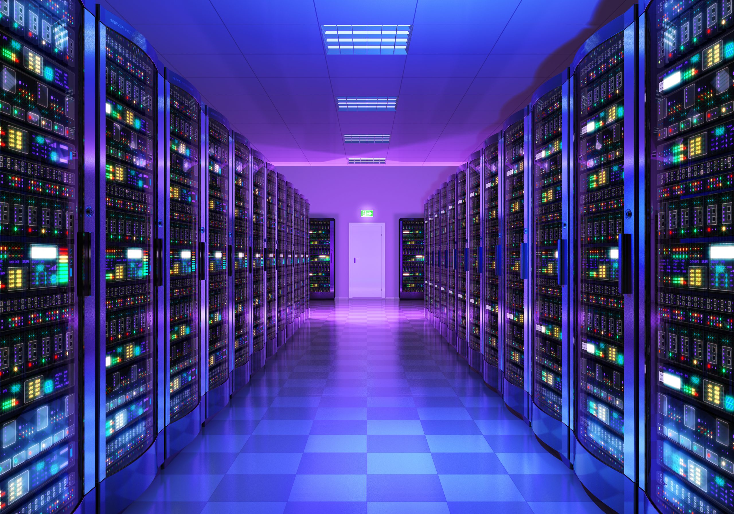 Server room interior in datacenter Modern web network and internet telecommunication technology, big data storage and cloud computing computer service business concept: 3D render illustration of the server room interior in datacenter in blue light